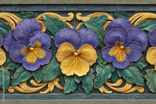 A decorative leather panel showcasing a vibrant array of pansies, intricately carved and colored, set against a backdrop of decorative elements.