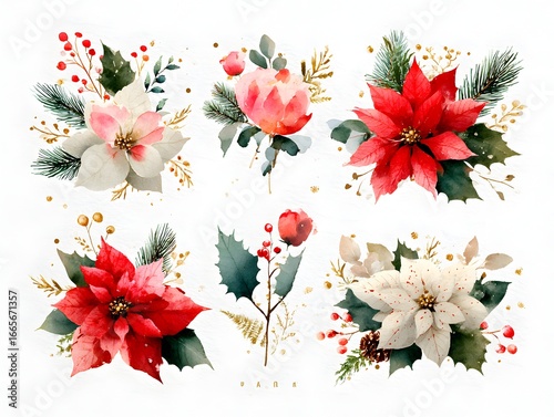 Fototapeta Naklejka Na Ścianę i Meble -  Watercolor floral Christmas bouquet with poinsettia flowers, berries, and leaves isolated on white backdrop.