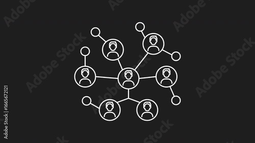 White animated social network icon.  Network of connected people with peripheral circle nodes, ideal for illustrating social networks, teamwork, connectivity, relationships, communication, technology.