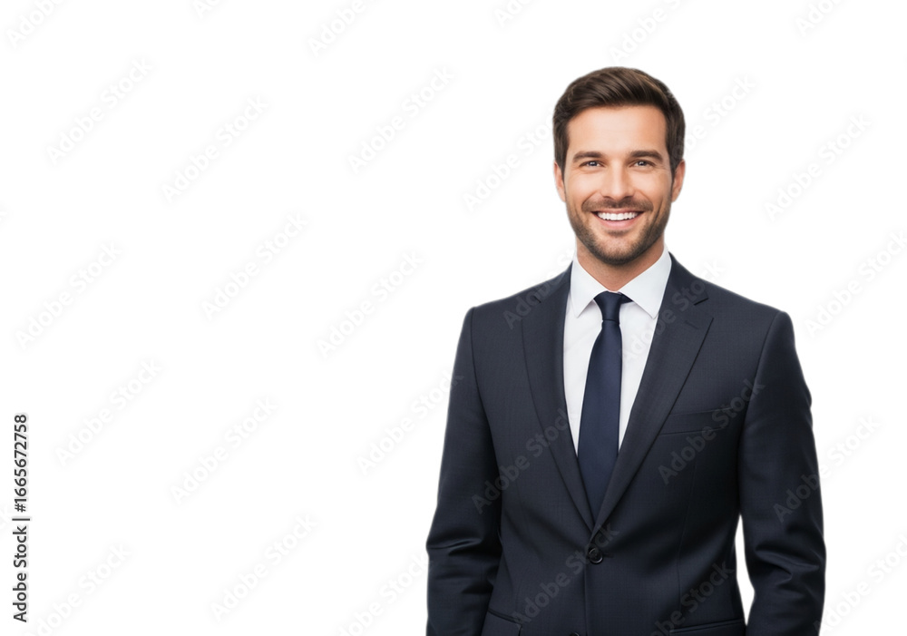 Photo of confident businessman in suit isolated on transparent background smiles at camera Photo of confident businessman in suit isolated on transparent background smiles at camera