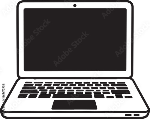 Black and white illustration of an open laptop computer with a blank screen and keyboard technology electronic device