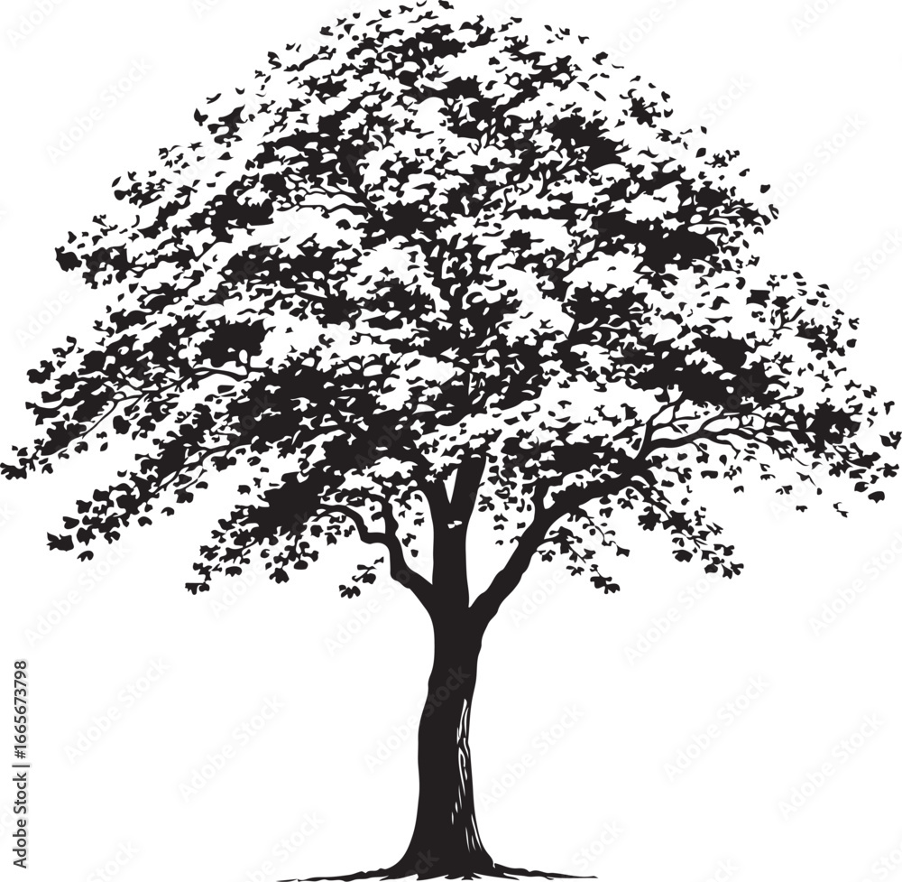 Fototapeta premium Black silhouette of a deciduous tree with a full canopy of leaves and visible roots black and white