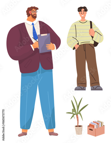 Man in formal wear holding clipboard stands next to casually dressed individual. Potted plant and file storage nearby. Ideal for mentorship, career guidance, workplace diversity, education, coaching