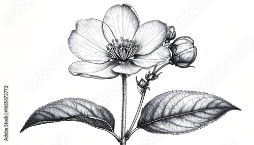 Intricate botanical illustration of a delicate flower and leaves, showcasing detailed shading and meticulous line work.