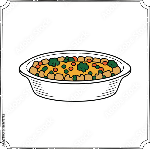 Hand-Drawn Casserole Dish Icon Tater Tots, Cheese, and Vegetables Black Outline Cooking Illustration