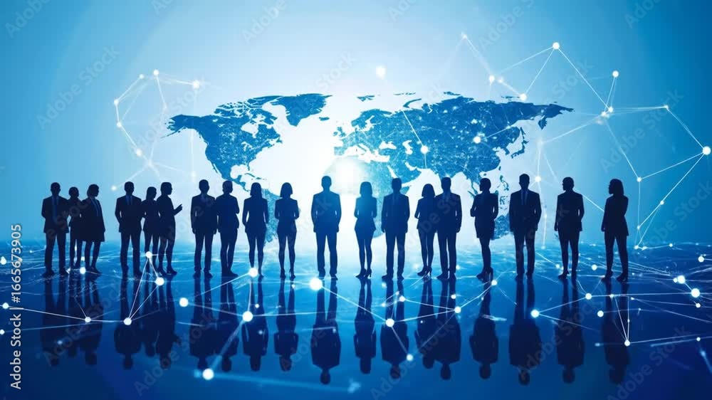 Silhouetted business people against a blue world map and network lines
