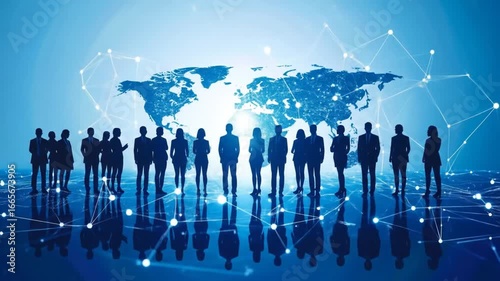 Silhouetted business people against a blue world map and network lines