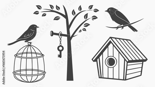 Minimalist bird illustration with tree, birdhouse, cage, and key. Elegant black silhouette design for nature, freedom, wildlife, pets, and eco-friendly creative projects.