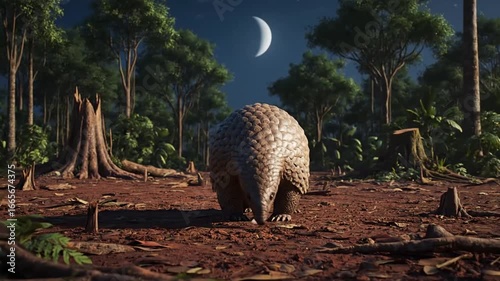Pangolin walking away in a forest clearing under the moonlight, surrounded by trees and foliage.