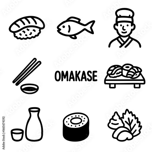 A set of doodle line icons showcasing omakase dining, sushi dishes, Japanese chef, seafood ingredients, and traditional Japanese food items
