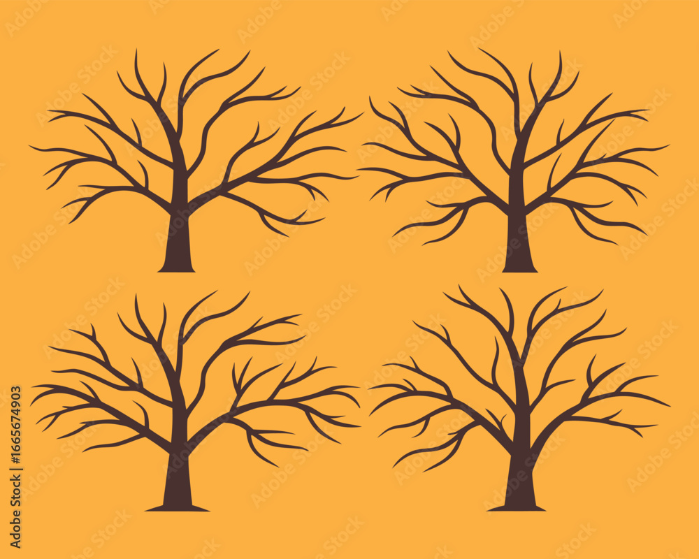 Obraz premium Four Bare Trees Silhouettes on Mustard Yellow Background, Autumn or Halloween Theme
