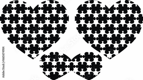 Three hearts filled with black puzzle pieces arranged on a white background creating a playful design