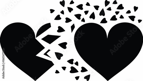 A black broken heart on the left side with small hearts floating towards a solid heart on the right