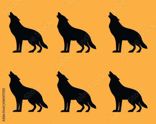 Silhouette of Howling Wolves Pattern Against Orange Background for Spooky Halloween Decoration
