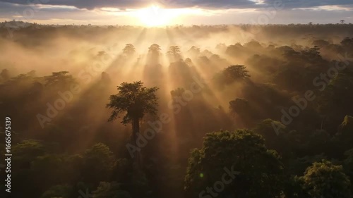 Sunrise over a misty rainforest canopy, showcasing sunbeams piercing the fog.