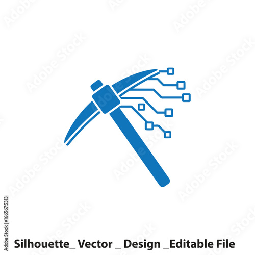 Vector art of cryptocurrency mining pickaxe with digital circuit