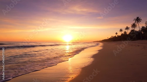 Golden sunset over a tropical beach, calm waves lapping at the shore.