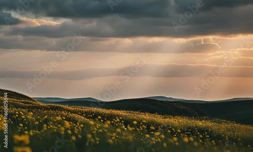 Golden Meadow Hills, Sun Rays Through Clouds at Dusk