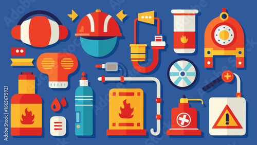 Fire Safety Equipment Icons – Extinguisher, Alarm, Hydrant, and Exit Sign Illustration