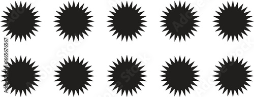   Ten black spiky circle symbols . Price sticker, sale sticker, price tag, starburst, quality mark, retro stars, sale.   