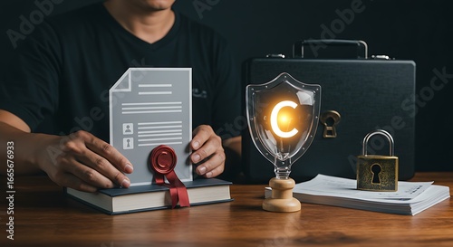 Visualizing intellectual property protection Documents, a copyright shield, and a padlock represent the legal safeguarding of creative and innovative assets