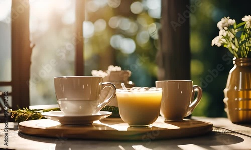Coffee and Flowers in Sunlight