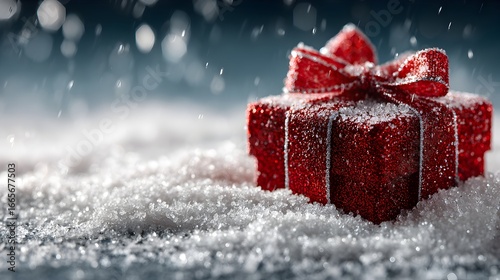 A small, red glittery gift box with a bow sits on a bed of snow du a light snowfall setting.