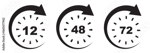 Black and white clock icons showing 7, 12, 24, 48, and 72 hour turnaround times. Watch and stopwatch, clock and alarm. Fast delivery and shipping stickers. Vector illustrations. Eps 10