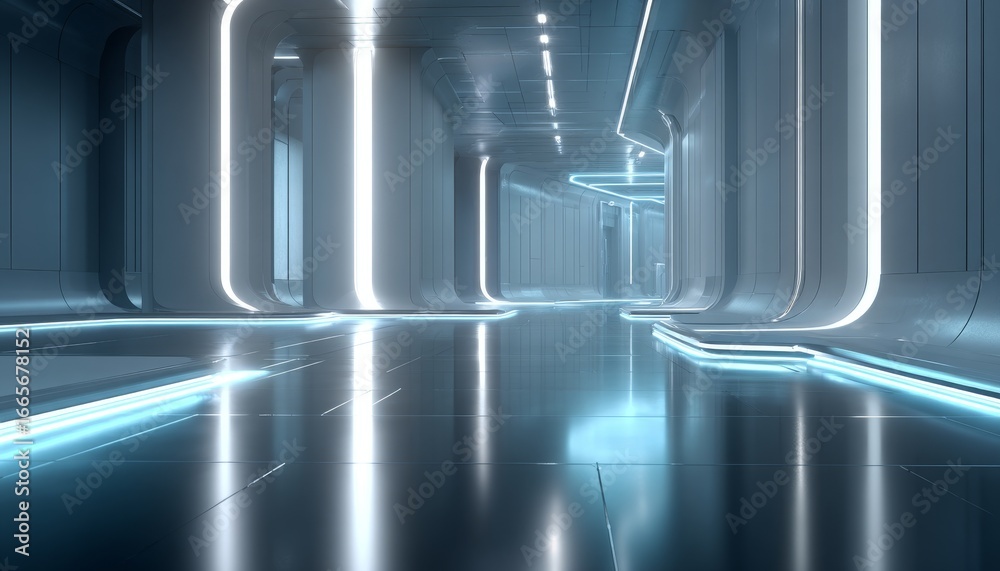 Naklejka premium A futuristic sci - fi corridor with sleek design and glowing lights, showcasing modern technology and minimalist style.