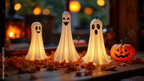 Halloween Ghost Decoration Glowing Ghost Lamp Autumn Leaf Pumpkin Wooden Table Cozy Indoor Festive Orange Light Spooky Cheerful Mood Glowing Ghost Decorations Halloween Pumpkin Autumn Leaves Cozy