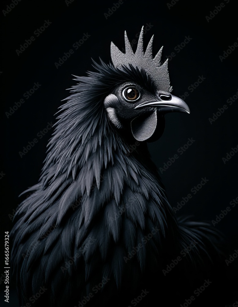 Fototapeta premium Striking Image of a Fluffy Black Hen Highlighted Against a Pure Black Background
