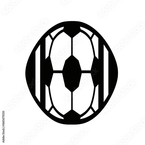 Abstract black and white graphic design of a soccer ball.