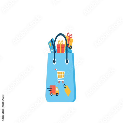 A blue shopping bag filled with gifts, credit cards, and a delivery truck icon, symbolizing online commerce and retail.
