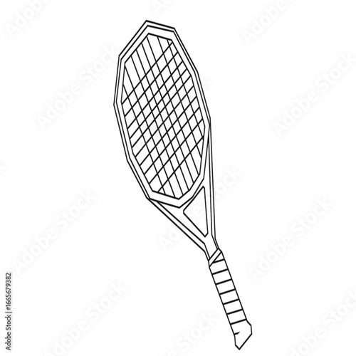 Line drawing of a tennis racket, showing the strings, frame, and handle in detail.