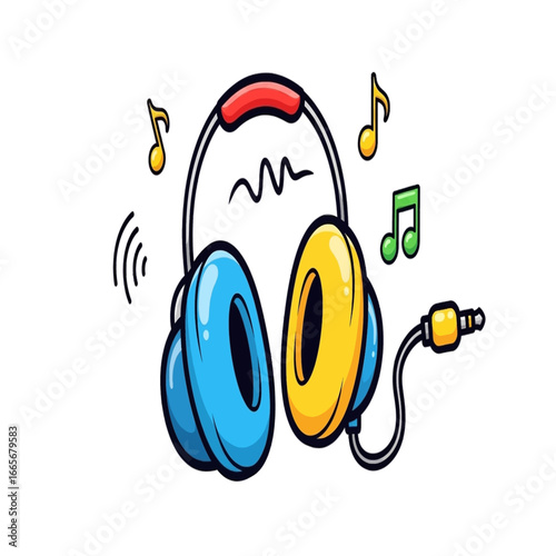 Cartoon illustration of colorful headphones with musical notes and sound waves, featuring blue and yellow earcups and a red headband.