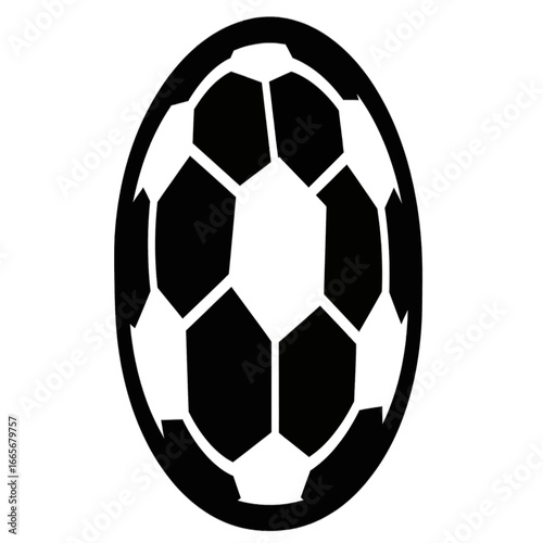 Stylized black and white soccer ball in an oval shape.