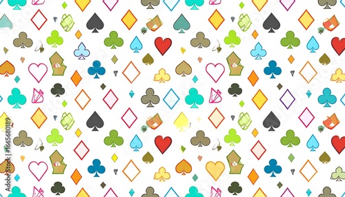 A vibrant pattern of various colorful playing card suits against a white background.