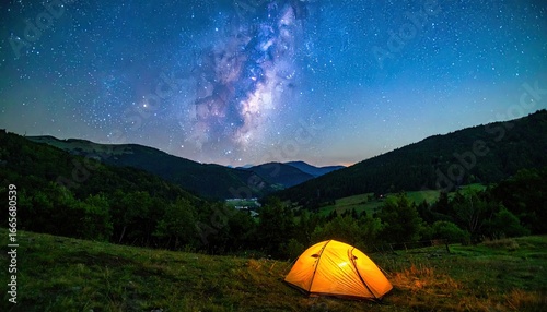 Glowing Orange Tent Under a Dramatic Starry Night Sky in a Serene Valley