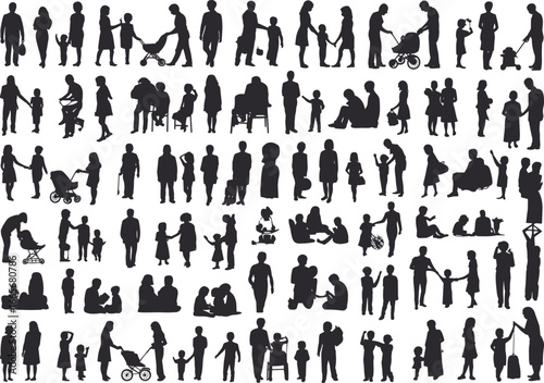 Family silhouettes, parents with children, walking together, holding hands, pushing strollers, sitting, playing, diverse family group, love and bonding, parenting moments, black isolated figures