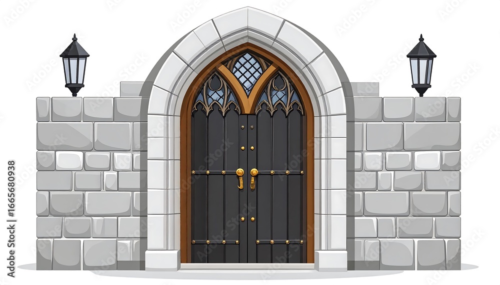Fototapeta premium An ornately carved gothic archway door, framed by a stone wall, and topped with decorative outdoor lamps, creates an imposing and elegant entrance.