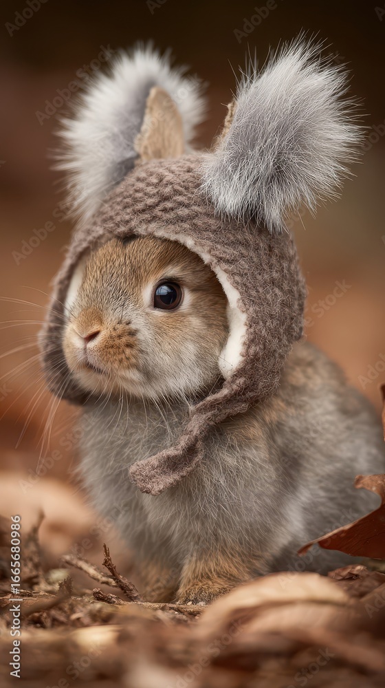 Fototapeta premium Cute baby rabbit wearing a knitted hat.