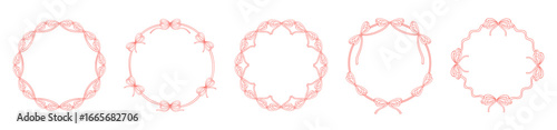 Whimsical elegant vector frames with ribbons and bows. Round coquette elements vector border. Minimalist design for invitations, cards, or decorative elements with space for text.