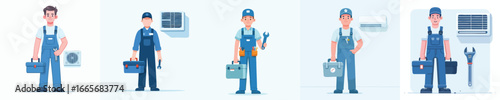 Flat Design Illustration of Air Conditioner Repair Technician with Toolbox and Tools
