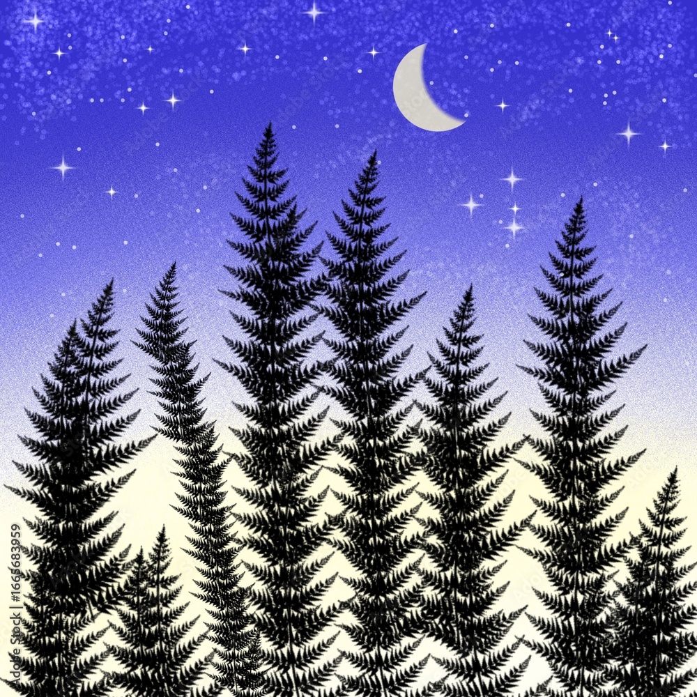 Fototapeta premium Crescent Moon Above Pine Forest Silhouette, Dreamy Blue Green Sky Illustration.