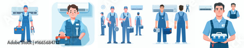 Flat Design Illustration of Professional Air Conditioner Technician with Tools and Equipment