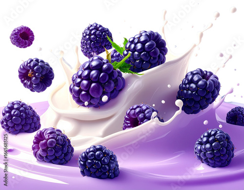  Boysenberries with Cream Splash, Isolated on Transparent Background