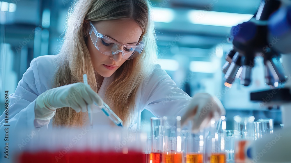 Woman in lab coat and safety glasses working with test tubes and a microscope in a laboratory
