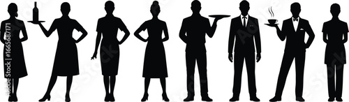 Silhouettes of professional waiters and waitresses, service staff standing, restaurant employees holding trays, formal uniform, hospitality industry workers isolated on white background, team concept