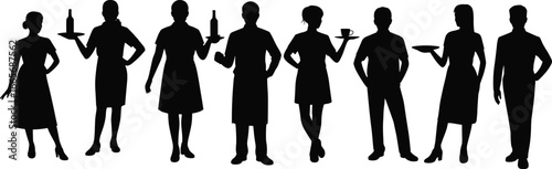 Silhouettes of waiters and waitresses, restaurant staff holding trays, serving drinks, in uniform, hospitality industry, professional service workers standing isolated on white background