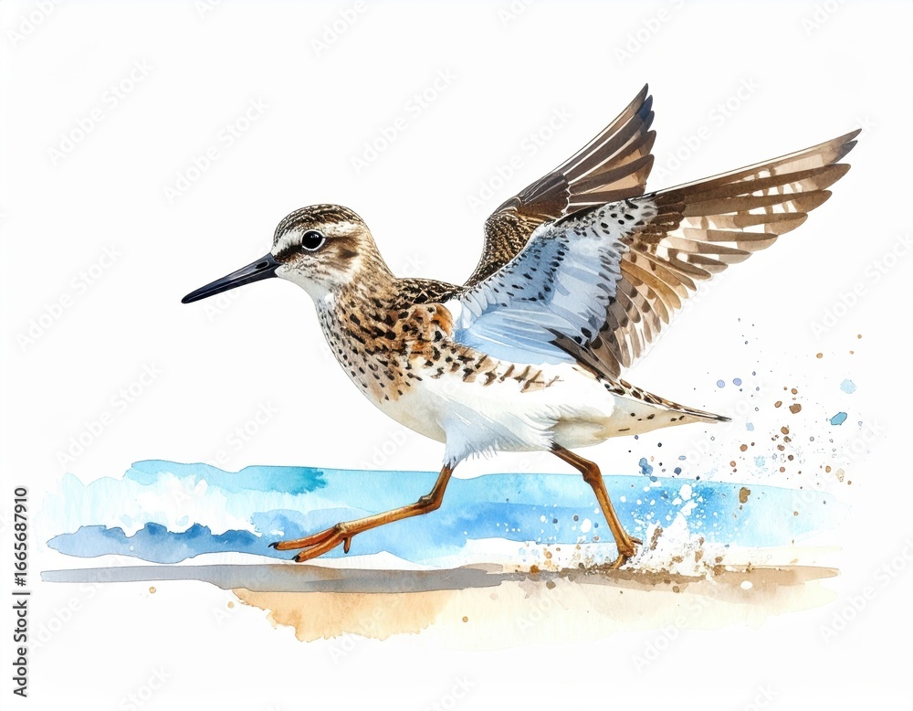 Obraz premium Watercolor Painting of a Bird Taking Flight on a Beach with Water Splashes